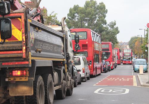 Traffic backed up in Tufnell Park Road due to the ongoing Holloway Road closures