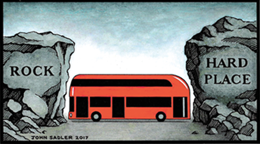 Rock and hard place bus cartoon