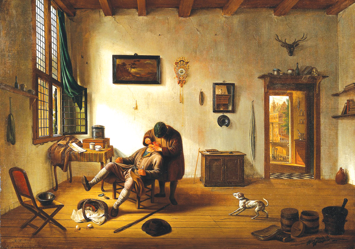 Interior of a Dutch House with an operator attending to a man's teeth W...