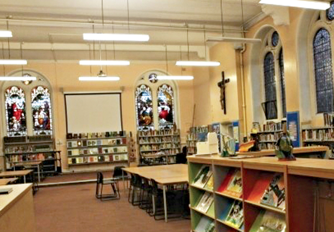 Historical gems that don’t seem to matter so much Maria Fidelis school library_stained glass windows