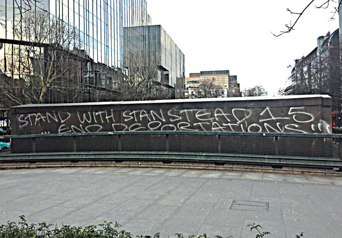 Standing against deportations Stanstead 15 graffiti