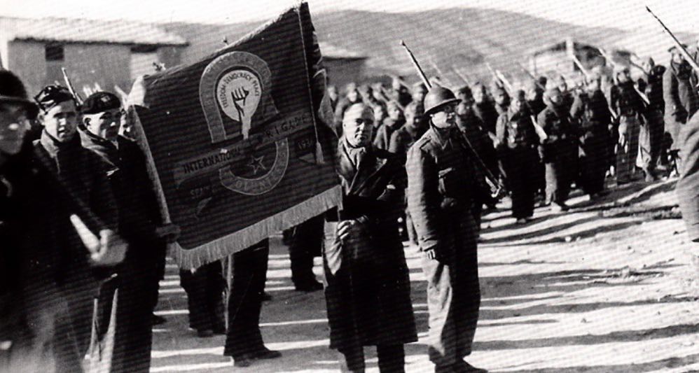 Any trace of Emin politics? British International Brigade battalion banner in Spain, by Phyllis Ladyman, Jim Lucas and Betty Rea.