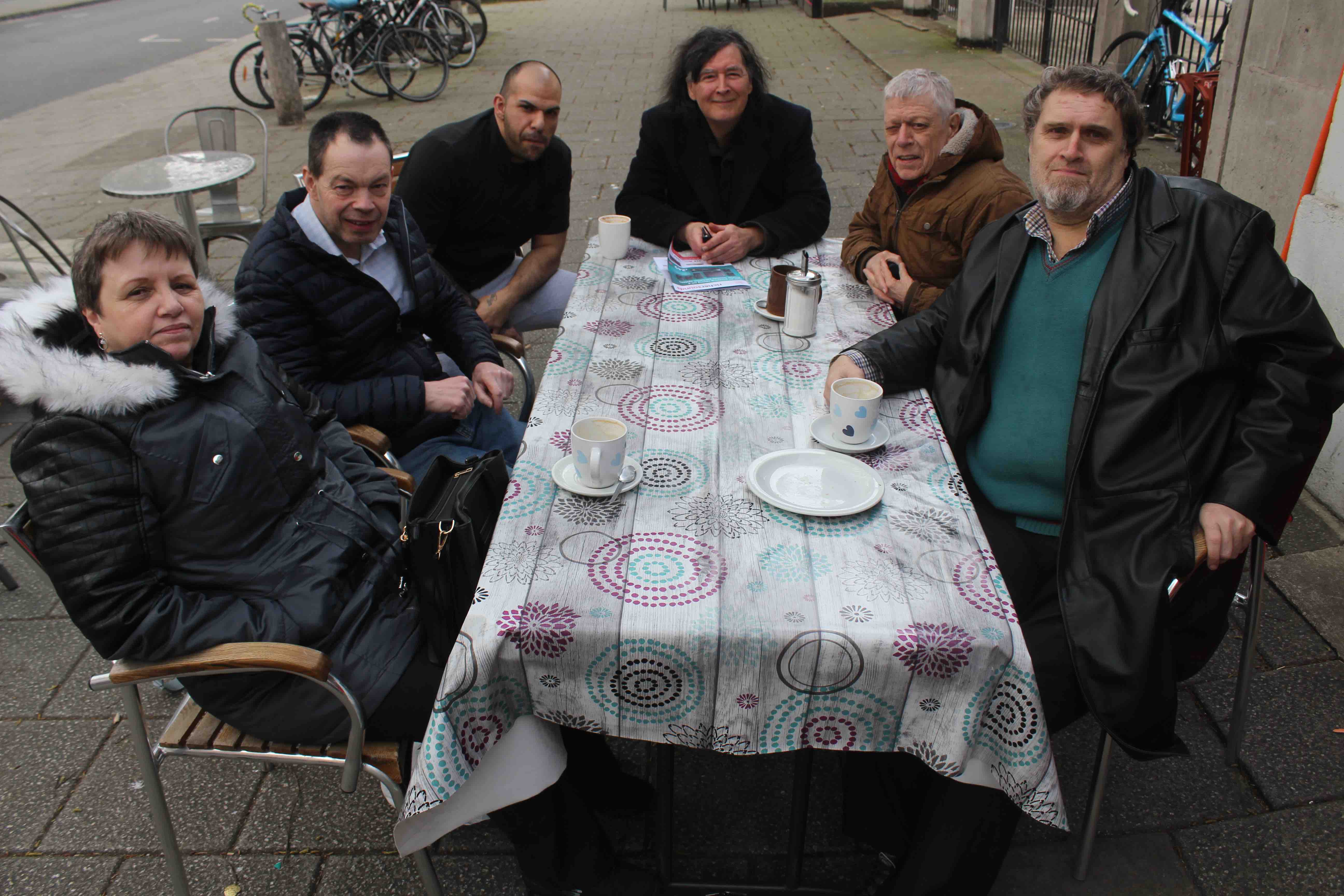 Now HS2 wants to close Eversholt Street for six months The group of disabled residents who regularly meet up at Pinner Cafe in Chalton Street, from left: Ann Stannard, John Kent, cafe manager Mick Duran, Stephen Denholm, Ken Jones and Michael Royce