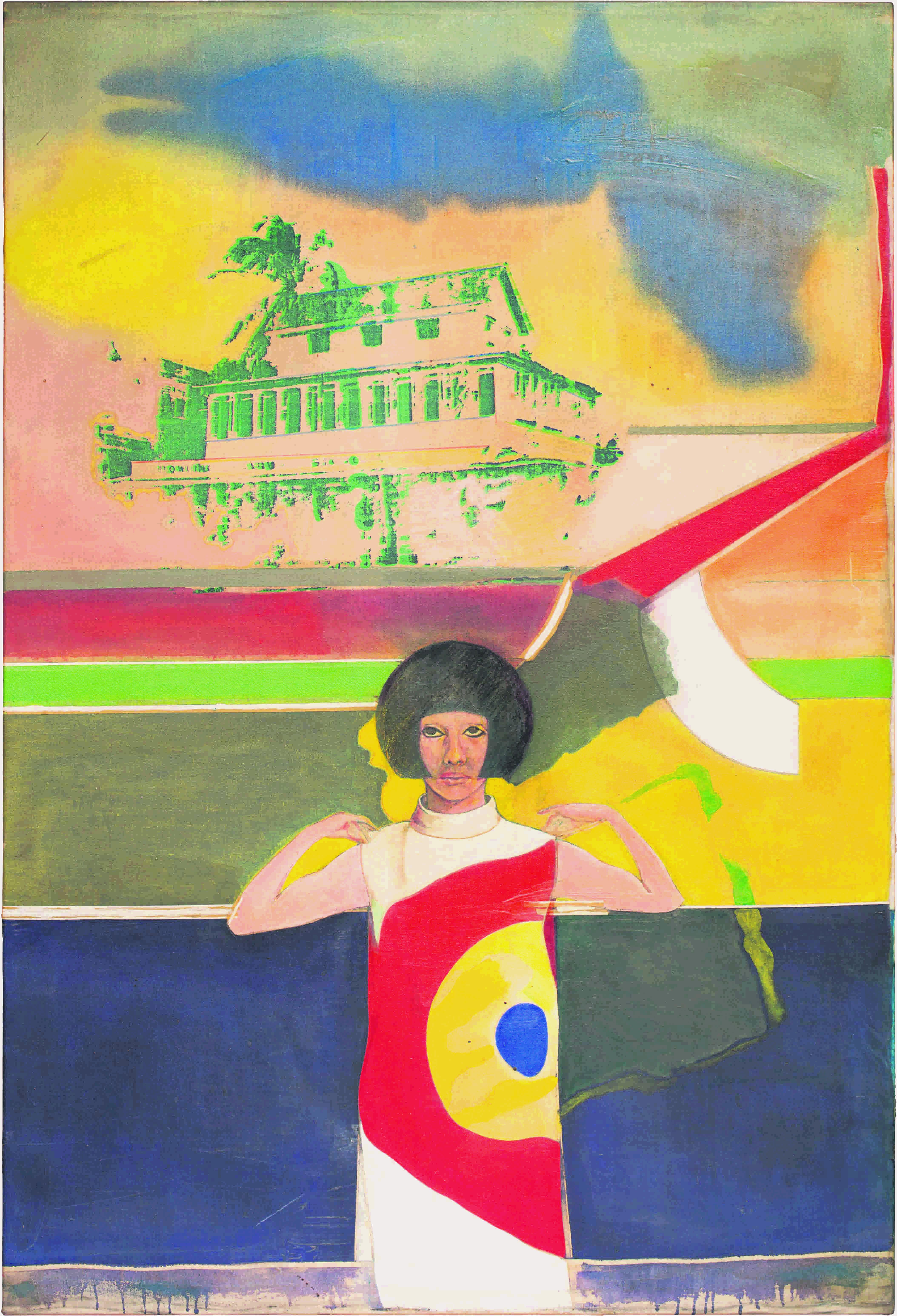 Frank Bowling, Cover Girl, 1966, acrylic paint, oil paint, and silkscreened ink on canvas, 149.8 x 101.6cm, private collection