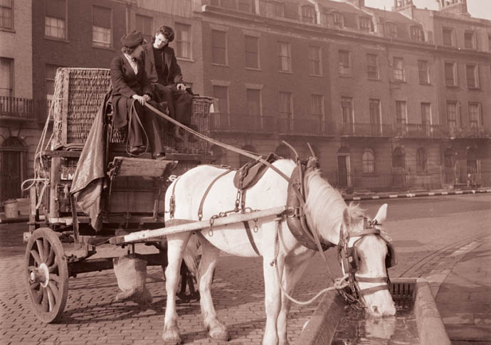 Back to the future Horse drawn delivery van of the London Midland and Scottish railway in Bloomsbury 1943