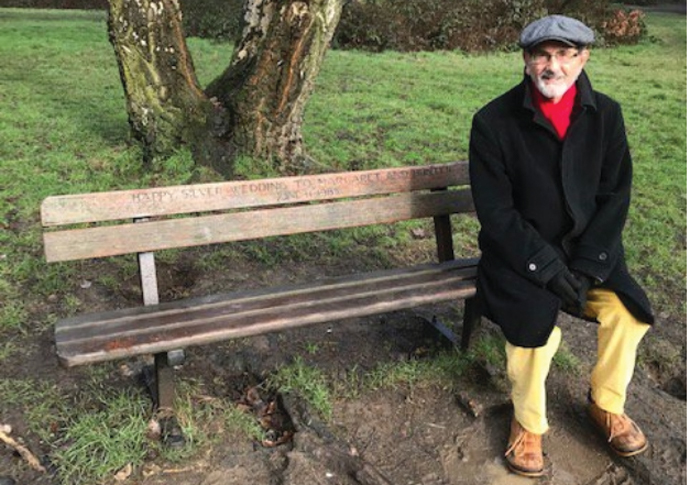Hunter Davies at bench on Heath