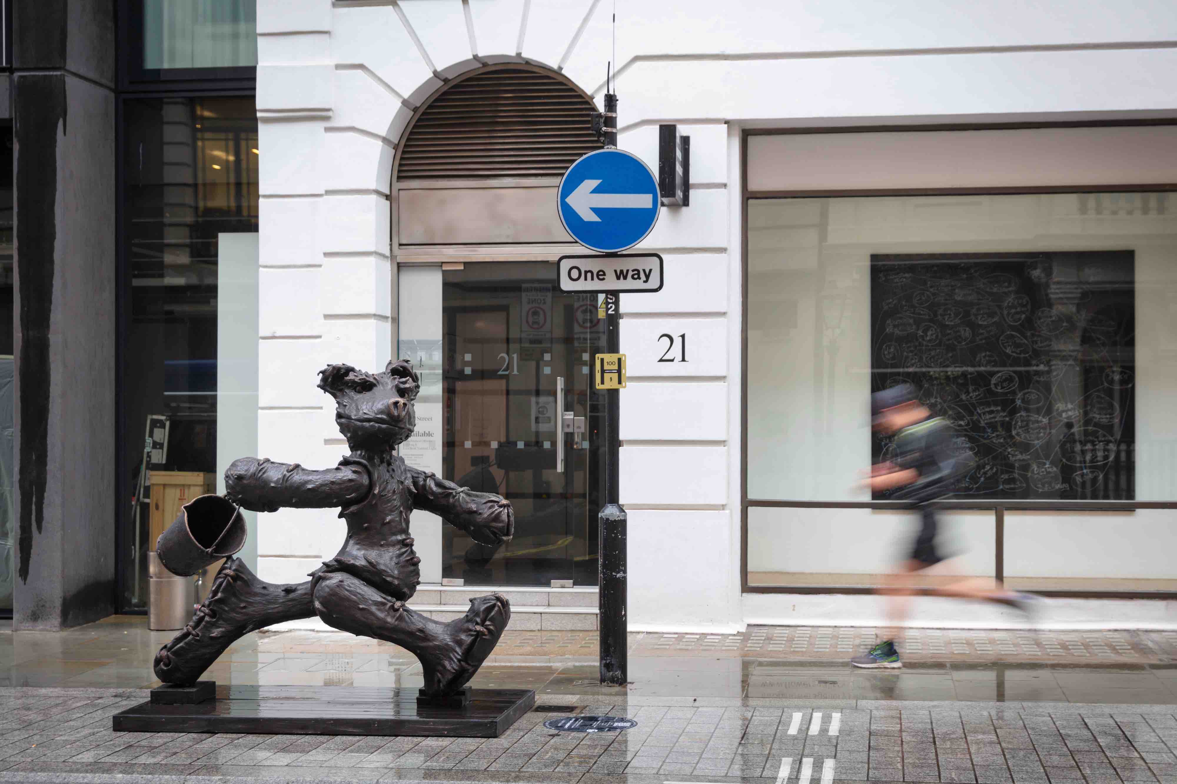 1. Patrick O’Reilly, ‘Bear with Fire Bucket’. Presented by The Mayor Gallery and Gormley’s Fine Art. Image courtesy Mayfair Art Weekend © Dan Weill.