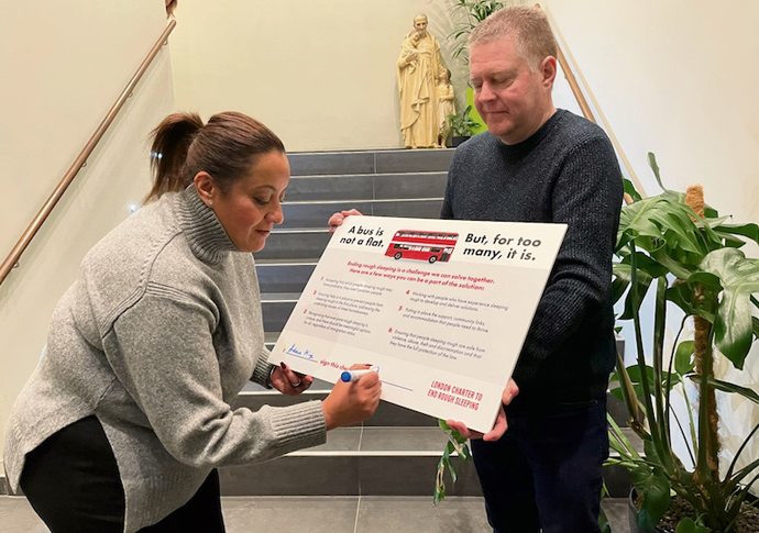 City pledge on rough sleeping Mick Clarke looks on as Aicha Less signs up