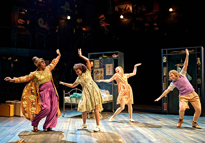 Review: Ballet Shoes at the National Theatre Ballet Shoes_Nadine Higgin (Theo Dane), Grace Saif (Pauline Fossil), Daisy Sequerra (Posy Fossil) and Yanexi Enriquez (Petrova Fossil) in Ballet Shoes at the National Theatre. Photographer Manuel Harlan-097