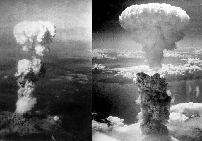 Atomic mushroom clouds over Hiroshima (left) and Nagasaki (right)