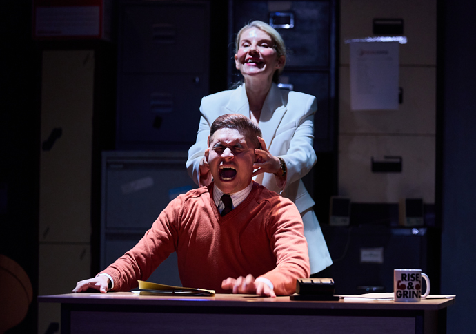 Review: The Billionaire Inside Your Head, at Downstairs, Hampstead Theatre Nathan Clarke as Richie and Allison McKenzie as the Voice_credit Rich Lakos