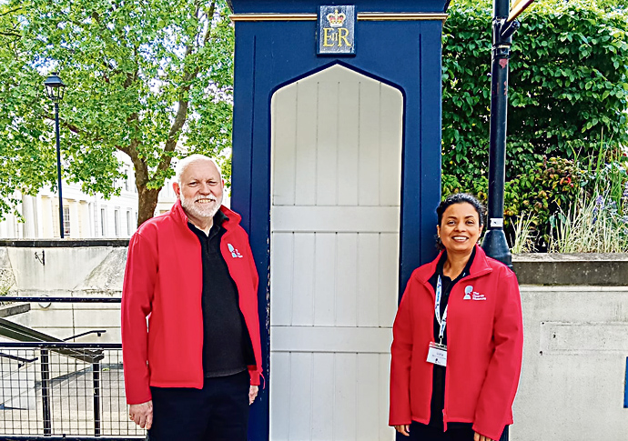 Step forward volunteers for Foot Guards Peter and Usha outside the Guards Museum copy